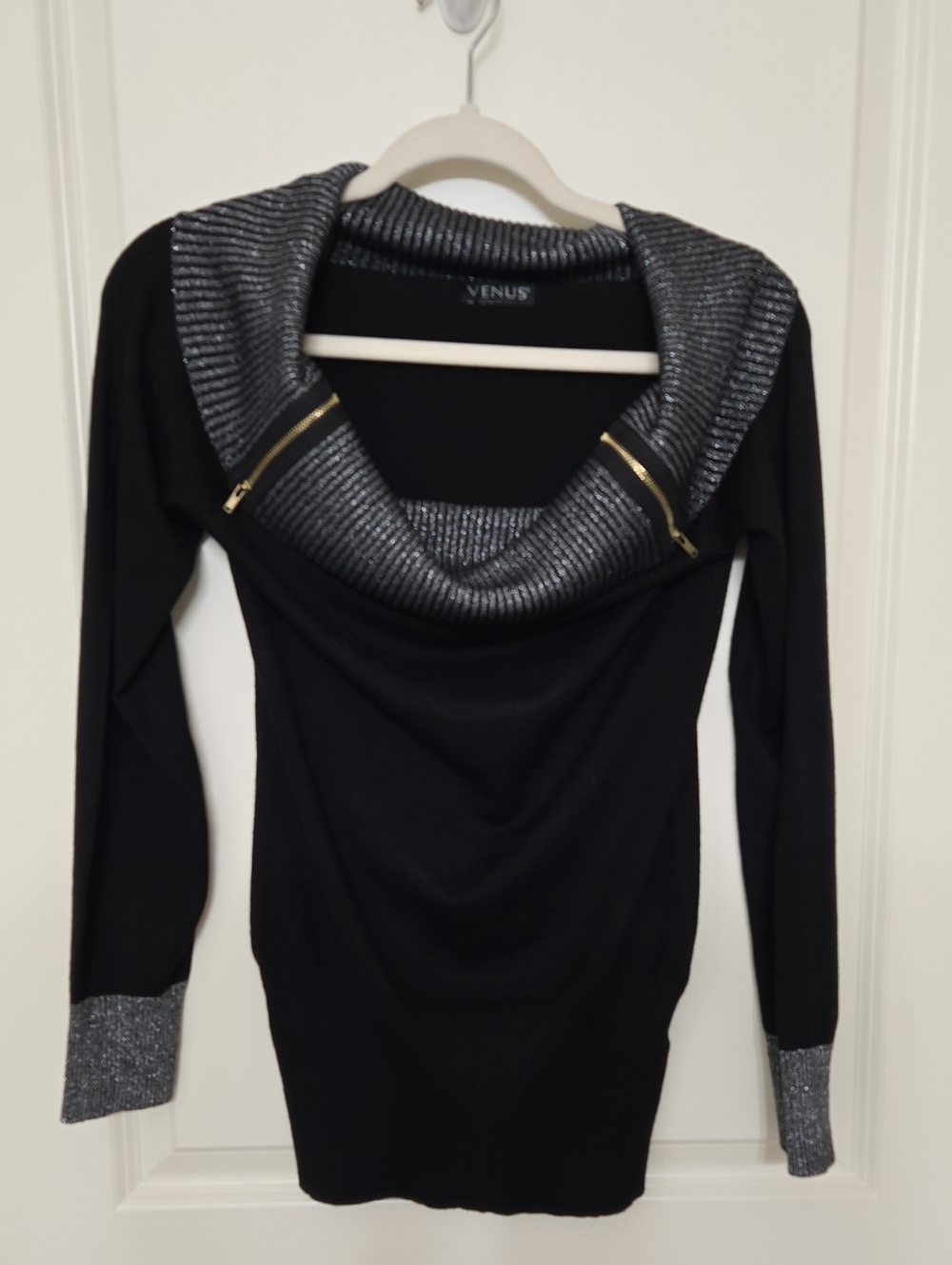 VENUS Black Sweater with Metallic Silver Collar and Cuff Detail